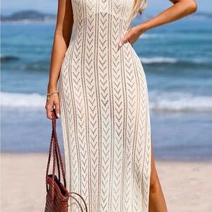 Cupshe Cream Crochet Knit Maxi Swim Coverup Dress